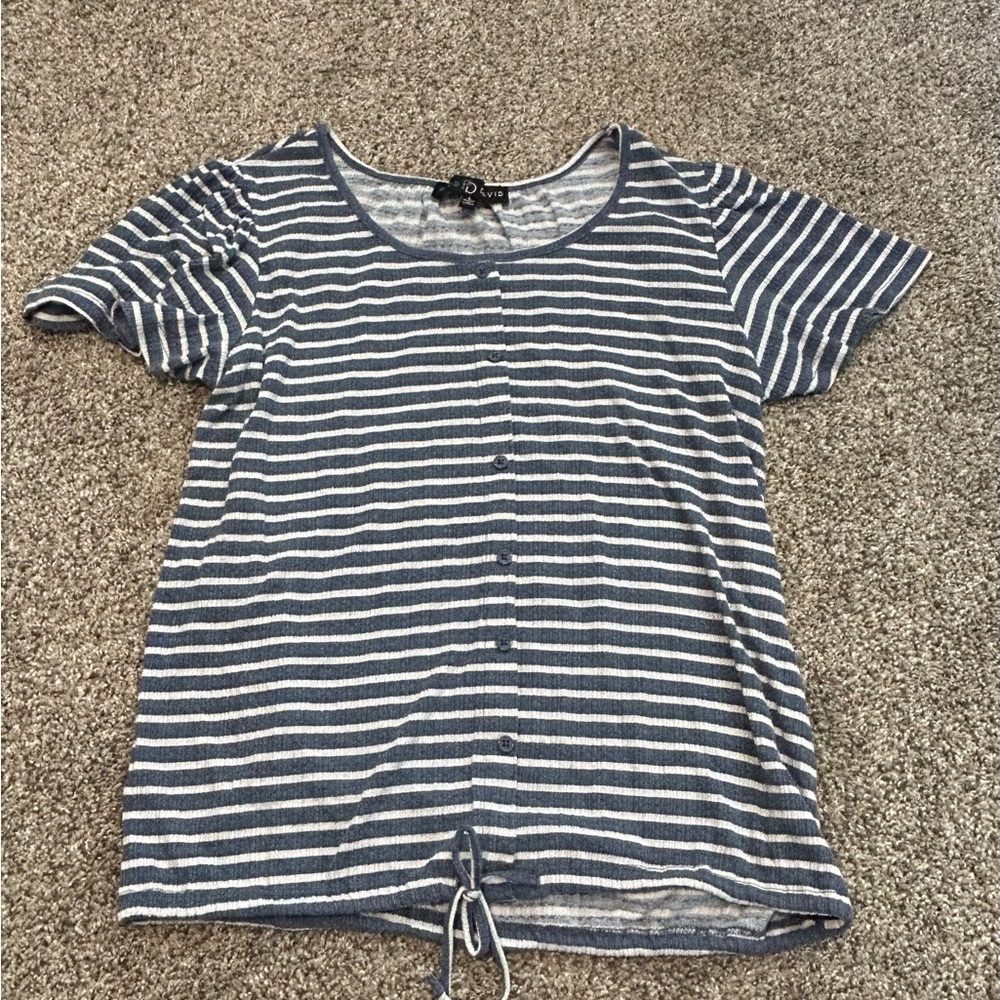 Fred David Striped Button Front Tie Hem Top - Blue & White Size Small